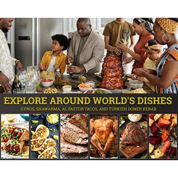 Tacos Al Pastor Skewers for Grilling, BBQ Gyro Meat Stand - Vertical Skewer Rotisserie Kit Includes 7" Stainless Stick, 4" Extension Spikes and 10.5" Roaster Pan. Kebob Maker for Shawarma, Kebabs