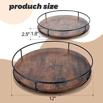 12 Inch Wood Lazy Susan Turntable for Table, Kitchen Rustic Brown Turntable Organizer with Steel Frame, 360 Degree Decorative Turntable for Countertop Cabinet or Centerpieces