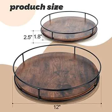 12 Inch Wood Lazy Susan Turntable for Table, Kitchen Rustic Brown Turntable Organizer with Steel Frame, 360 Degree Decorative Turntable for Countertop Cabinet or Centerpieces