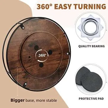 12 Inch Wood Lazy Susan Turntable for Table, Kitchen Rustic Brown Turntable Organizer with Steel Frame, 360 Degree Decorative Turntable for Countertop Cabinet or Centerpieces
