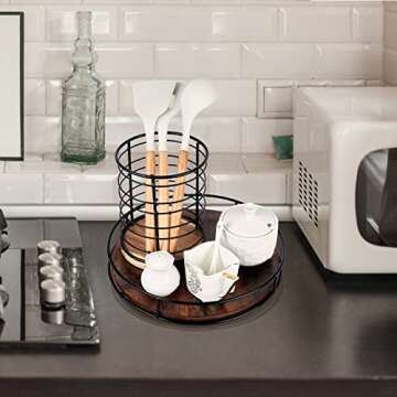 12 Inch Wood Lazy Susan Turntable for Table, Kitchen Rustic Brown Turntable Organizer with Steel Frame, 360 Degree Decorative Turntable for Countertop Cabinet or Centerpieces