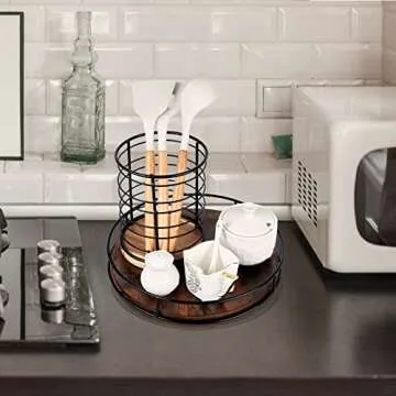 12 Inch Wood Lazy Susan Turntable for Table, Kitchen Rustic Brown Turntable Organizer with Steel Frame, 360 Degree Decorative Turntable for Countertop Cabinet or Centerpieces