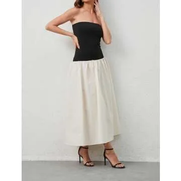 Dsewpaur Women Summer Strapless Maxi Tube Dress Sleeveless Patchwork Off Shoulder Color Block Bandeau Swing Long Dress Black Apricot