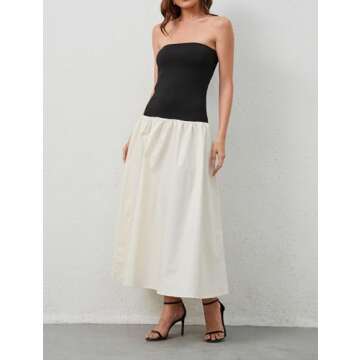 Dsewpaur Women Summer Strapless Maxi Tube Dress Sleeveless Patchwork Off Shoulder Color Block Bandeau Swing Long Dress Black Apricot