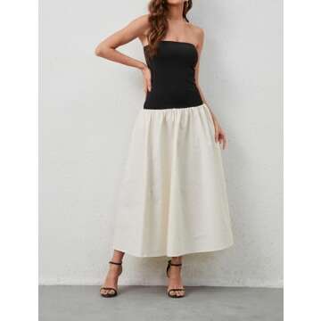 Dsewpaur Women Summer Strapless Maxi Tube Dress Sleeveless Patchwork Off Shoulder Color Block Bandeau Swing Long Dress Black Apricot