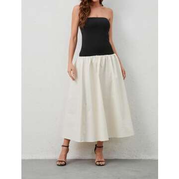 Dsewpaur Women Summer Strapless Maxi Tube Dress Sleeveless Patchwork Off Shoulder Color Block Bandeau Swing Long Dress Black Apricot