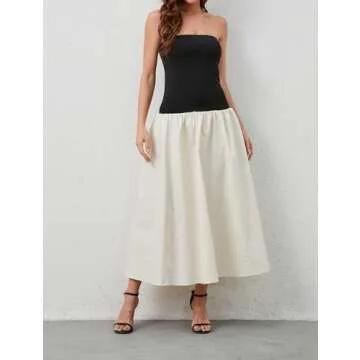 Dsewpaur Women Summer Strapless Maxi Tube Dress Sleeveless Patchwork Off Shoulder Color Block Bandeau Swing Long Dress Black Apricot