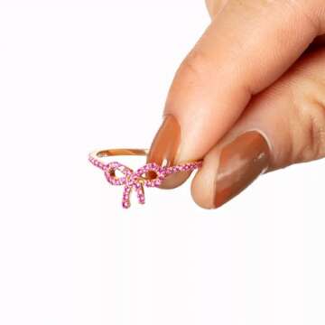 Pink Bow Ring 14k Gold Plated S925 Sterling Silver Bow Rings for Women Cubic Zirconia Ribbon Rings G...