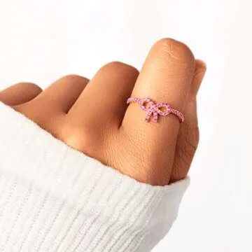 Pink Bow Ring 14k Gold Plated S925 Sterling Silver Bow Rings for Women Cubic Zirconia Ribbon Rings Gold Bow Tie Kont Ring Jewelry Gift For Friends (Pink, Size 7)
