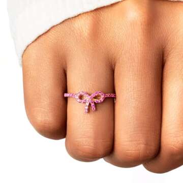 Pink Bow Ring 14k Gold Plated S925 Sterling Silver Bow Rings for Women Cubic Zirconia Ribbon Rings Gold Bow Tie Kont Ring Jewelry Gift For Friends (Pink, Size 7)