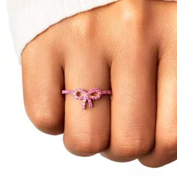 Pink Bow Ring 14k Gold Plated S925 Sterling Silver Bow Rings for Women Cubic Zirconia Ribbon Rings Gold Bow Tie Kont Ring Jewelry Gift For Friends (Pink, Size 7)