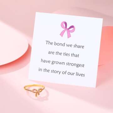 Pink Bow Ring 14k Gold Plated S925 Sterling Silver Bow Rings for Women Cubic Zirconia Ribbon Rings Gold Bow Tie Kont Ring Jewelry Gift For Friends (Pink, Size 7)