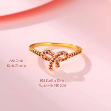 Pink Bow Ring 14k Gold Plated S925 Sterling Silver Bow Rings for Women Cubic Zirconia Ribbon Rings Gold Bow Tie Kont Ring Jewelry Gift For Friends (Pink, Size 7)