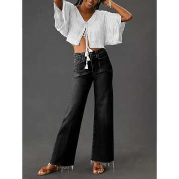 KUNMI Jeans for Women Wide Leg Baggy High Waist Boyfriends Straight Leg Stretchy Denim Pants Trendy ...