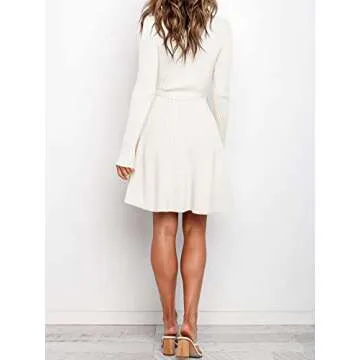 ANRABESS Women's Long Sleeve Midi Dress Crewneck Tie Waist A-Line Swing Casual Bodycon Ribbed Knit 2024 Fall Sweater Dress White Medium