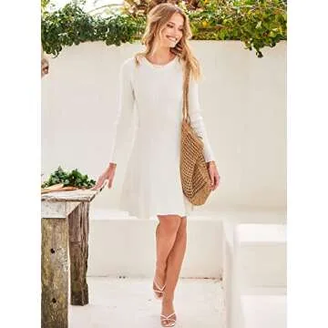 ANRABESS Women's Long Sleeve Midi Dress Crewneck Tie Waist A-Line Swing Casual Bodycon Ribbed Knit 2024 Fall Sweater Dress White Medium