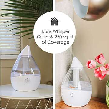 Crane Droplet Ultrasonic Small Air Humidifiers for Bedroom and Office, 0.5 Gallon Cool Mist Humidifier for Plants and Home, Humidifier Filters Optional, Clear and White