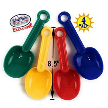 Matty's Toy Stop 8.5" Plastic Rounded Scoop Sand Shovels for Kids (Red, Blue, Green & Yellow) Complete Gift Set Party Bundle - 4 Pack
