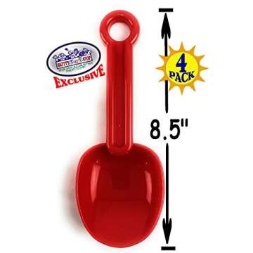 Matty's Toy Stop 8.5" Plastic Rounded Scoop Sand Shovels for Kids (Red, Blue, Green & Yellow) Complete Gift Set Party Bundle - 4 Pack