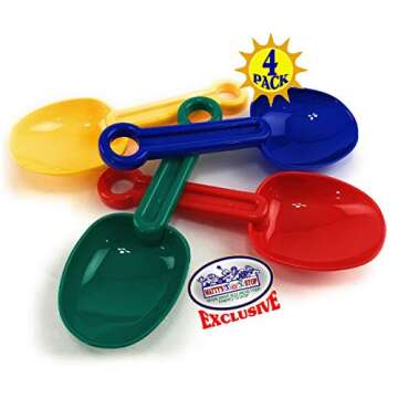 Matty's Toy Stop 8.5" Plastic Rounded Scoop Sand Shovels for Kids (Red, Blue, Green & Yellow) Complete Gift Set Party Bundle - 4 Pack