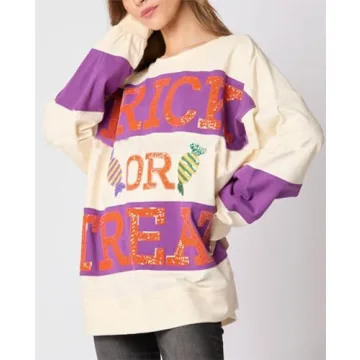 Melliflo Halloween Sweatshirts for Women Sequin Letter Print T Shirts Long Sleeve Round Neck Pullover Tops Color Block Oversized Sweatshirts 2024 Fall White