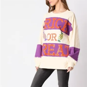 Melliflo Halloween Sweatshirts for Women Sequin Letter Print T Shirts Long Sleeve Round Neck Pullover Tops Color Block Oversized Sweatshirts 2024 Fall White