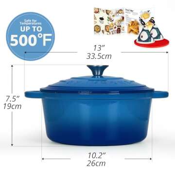 Overmont Enameled Cast Iron Dutch Oven - 5.5QT Pot with Lid Cookbook & Cotton Potholders - Heavy-Dut...