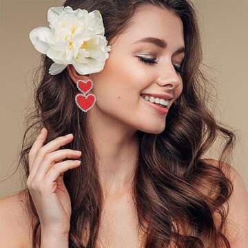 Boho Beaded Earrings Statement Heart Shaped Earrings Handwoven Drop Earrings for Valentine's Day and Mother's Day (red)