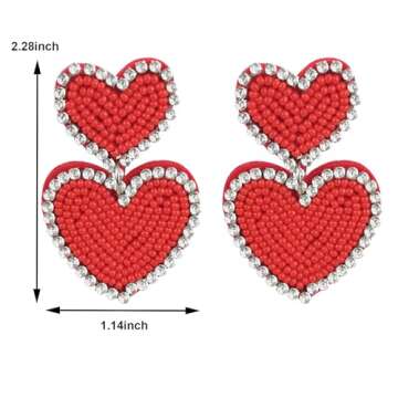 Boho Beaded Earrings Statement Heart Shaped Earrings Handwoven Drop Earrings for Valentine's Day and Mother's Day (red)