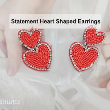 Boho Beaded Earrings Statement Heart Shaped Earrings Handwoven Drop Earrings for Valentine's Day and Mother's Day (red)