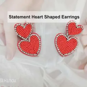 Boho Beaded Earrings Statement Heart Shaped Earrings Handwoven Drop Earrings for Valentine's Day and Mother's Day (red)