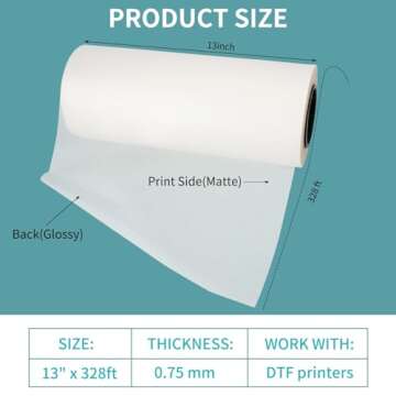 DTF Transfer Film Roll 13" x 328ft - Premium A3+ DTF Film Roll, Single Sided Glossy Clear PreTreat P...