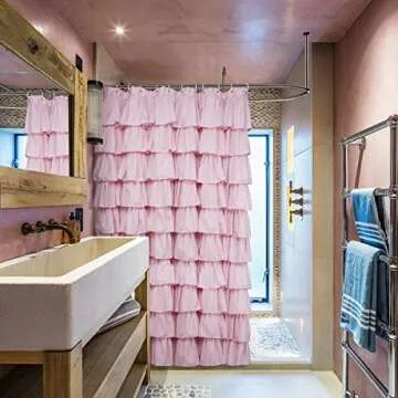 Volens Pink Ruffle Shower Curtain Farmhouse Rustic Fabric Cloth Shower Curtains for Bathroom, 72" x ...