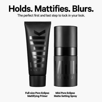 Milk Makeup Pore Eclipse Matte + Blur Set - Includes Pore Eclipse Mattifying Primer (Full Size), Pore Eclipse Setting Spray (Mini) & Makeup Bag - Vegan, Cruelty Free