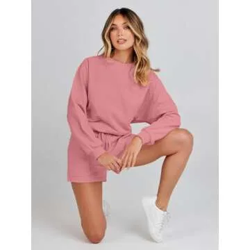 MEROKEETY Women's 2025 Fall Oversized Batwing Sleeve Lounge Sets Casual Top and Shorts 2 Piece Outfits Sweatsuit Pink