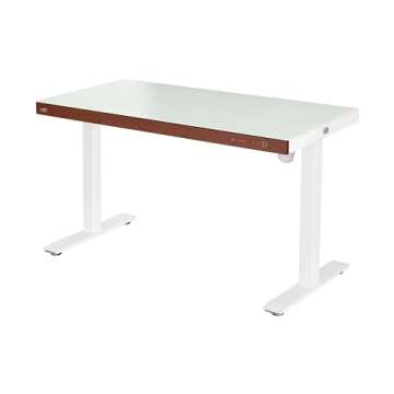Seville Classics Airlift Electric Height Adjustable Desk with Tempered Glass Top, USB Charging Ergonomic Sit Stand Modern Home Office Workstation, 47.5" x 24" Wood Front Trim, Artic White