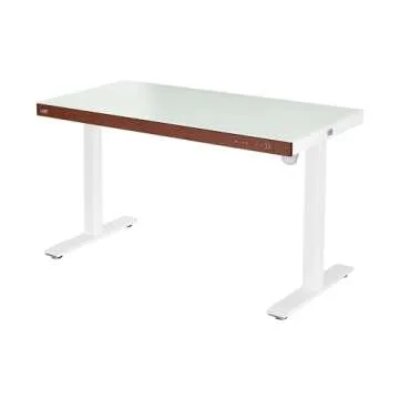 Seville Classics Airlift Electric Height Adjustable Desk with Tempered Glass Top, USB Charging Ergonomic Sit Stand Modern Home Office Workstation, 47.5" x 24" Wood Front Trim, Artic White