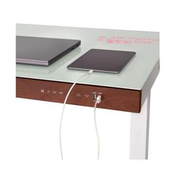 Seville Classics Airlift Electric Height Adjustable Desk with Tempered Glass Top, USB Charging Ergonomic Sit Stand Modern Home Office Workstation, 47.5" x 24" Wood Front Trim, Artic White