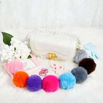 Hicarer 60 Pieces Colorful Poms Keychains Fluffy Ball Faux Fur Keyring for Women