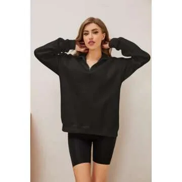Meladyan Women's Half Zip Sweatshirt Oversized Long Sleeve Collar Drop Shoulder Solid 1 / 4 Zipper Pullover Coat, Black, Small