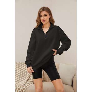 Meladyan Women's Half Zip Sweatshirt Oversized Long Sleeve Collar Drop Shoulder Solid 1 / 4 Zipper Pullover Coat, Black, Small