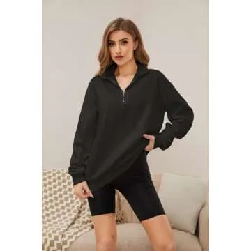 Meladyan Women's Half Zip Sweatshirt Oversized Long Sleeve Collar Drop Shoulder Solid 1 / 4 Zipper Pullover Coat, Black, Small