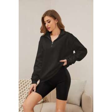 Meladyan Women's Half Zip Sweatshirt Oversized Long Sleeve Collar Drop Shoulder Solid 1 / 4 Zipper Pullover Coat, Black, Small