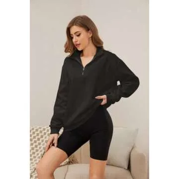 Meladyan Women's Half Zip Sweatshirt Oversized Long Sleeve Collar Drop Shoulder Solid 1 / 4 Zipper Pullover Coat, Black, Small