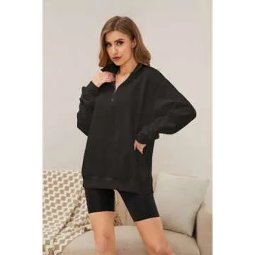 Meladyan Women's Half Zip Sweatshirt Oversized Long Sleeve Collar Drop Shoulder Solid 1 / 4 Zipper Pullover Coat, Black, Small