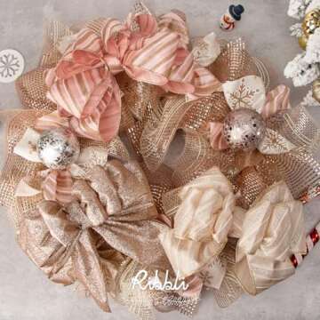 Ribbli Rose Gold Metallic Mesh Ribbon, 10 inch x 30 feet(10Yard), Rose Gold with Rose Gold Wide Foil, Christmas Ribbon for Wreath Swags and Christmas Tree Decoration