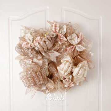 Ribbli Rose Gold Metallic Mesh Ribbon, 10 inch x 30 feet(10Yard), Rose Gold with Rose Gold Wide Foil, Christmas Ribbon for Wreath Swags and Christmas Tree Decoration