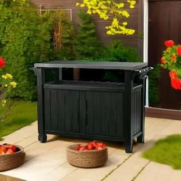 Keter Unity XL Portable Outdoor Table with Stainless Steel Top for Kitchen Prep and Outdoor Storage Cabinet for Grilling Accessories, Dark Grey