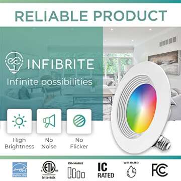 INFIBRITE 4 Inch Smart Recessed Light, Color Changing and Tunable White, WiFi Retrofit LED Downlight E26 Base, Compatible with Alexa Google, Dimmable, 810LM, CRI90, RGBCW, Wet Rated,(IB-003-1-9W-WH)