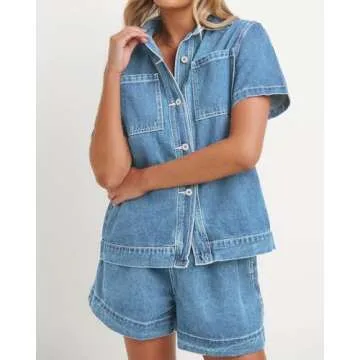 Kedera 2 Piece Denim Outfit for Women Lounge Sets Pajama Sets Short Sleeve Oversized Button Down Boxy Shirts and Shorts Tracksuit